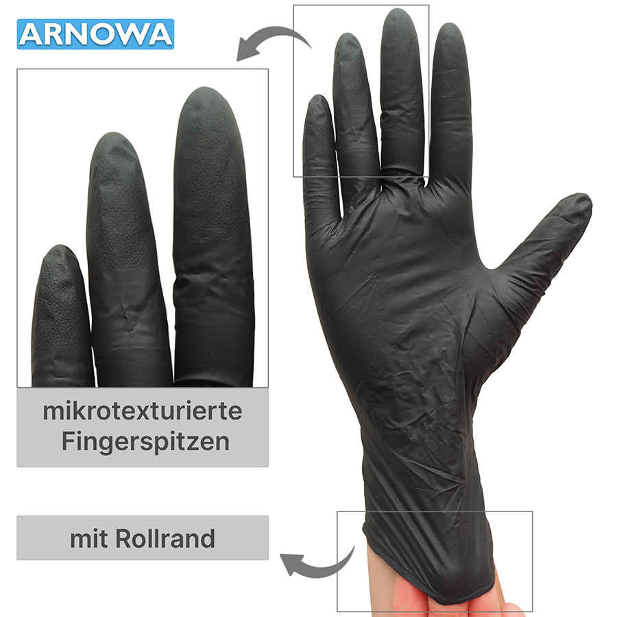arnomed-nitril-black-premium-moodshot-griffigkeit Nitril Handschuhe Schwarz