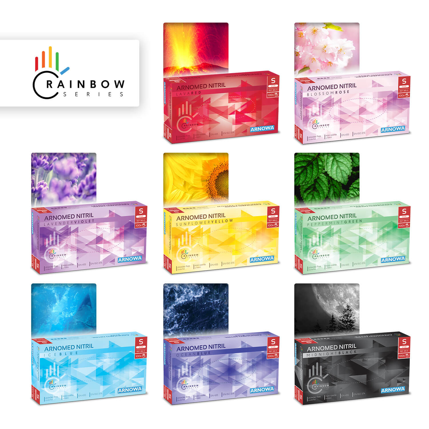 Rainbow-Series-Produktbilder_Übersicht ARNOMED Nitrilhandschuhe Bunt