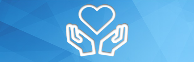 Ein in weißer Farbe umrahmtes Symbol, auf dem zwei Hände ein Herz halten, das auf einem blauen Hintergrund platziert ist.