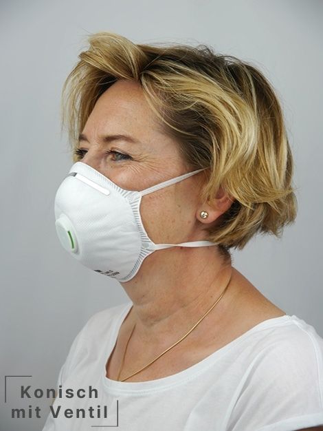 atemschutzmasken-konisch-ventil Tragefoto einer konischen FFP-Maske mit Ventil